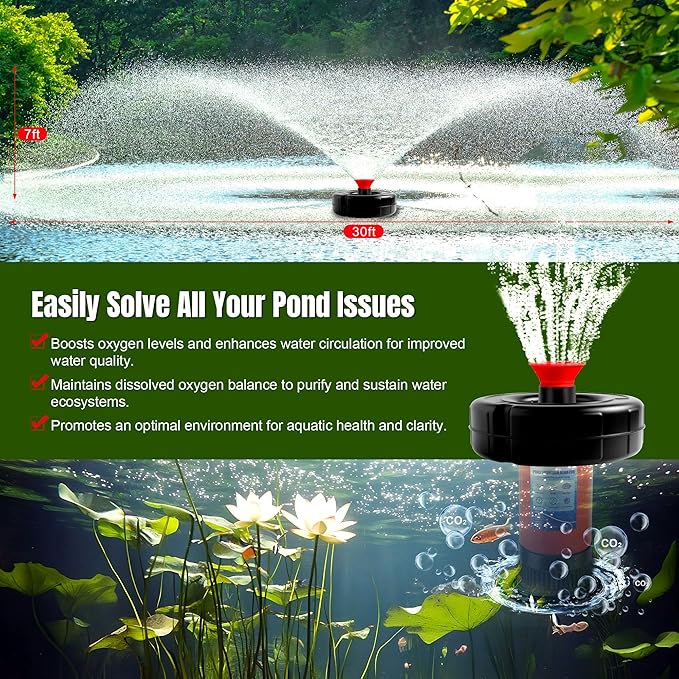 Pond Fountain Aerator 750W, 1HP 15000 GPH Floating Aerating Pump, 120ft Power Cord for Small & Large Ponds & Lakes (120V)