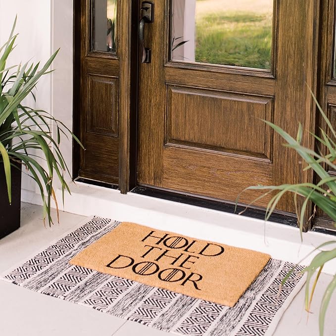 THEODORE MAGNUS Funny Door Mat - Welcome Mat for Front Door with Non-Slip Backing - Durable Coir Doormat - Perfect for Outside Entrance Matt - Outdoor/Indoor - Hold The Door - 17" x 30"