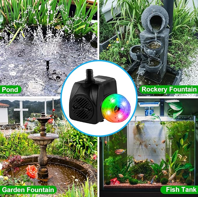 15W 800L/H Submersible Pond Fountain Pump with LED Lights, Ultra Quiet Water Pump, Pond Fountain Pumps for Small Pond, Koi, Garden, Aquariums, Fish Tanks, Indoor Outdoor Fountain 3 Type Nozzles