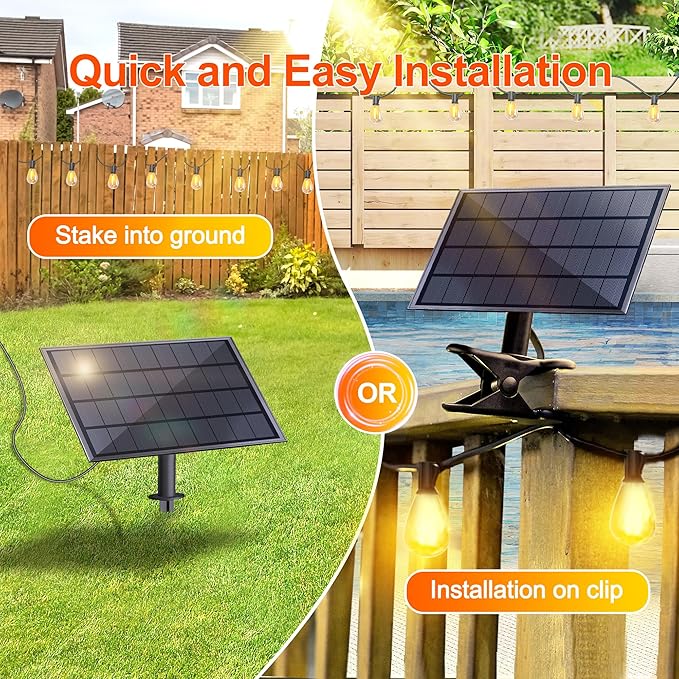 Stright Solar String Light for Outside 120FT with with USB Charging & Remote, Weatherproof Shatterproof LED S14 Bulb 50 Socket, Dimmable & Timable Solar Powered Patio Lights for Porch Backyard Garden