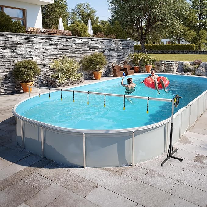 VINGLI 16 FT Pool Cover Reel for Aboveground Swimming Pools, Waterproof Aluminum Pool Solar Cover Reel with Adjustable Width & Height & Extra 4 Sandbags & Caster Wheels (2025 Version)
