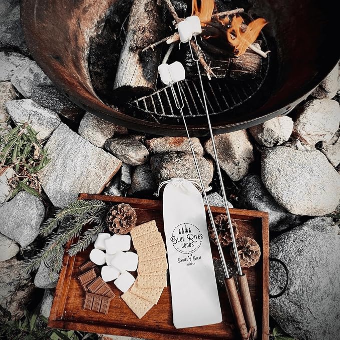 Smores Sticks | Set of 6 Marshmallow Roasting Sticks | Extendable Stainless Steel w/Walnut Handles | Smore Sticks for Marshmallow Sticks for Fire Pit | Smore Sticks for Fire Pit