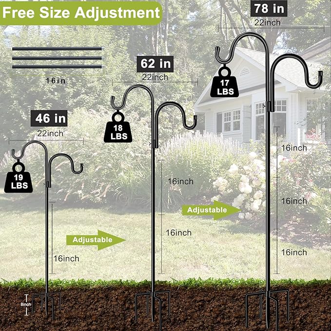 Double Shepherds Hook for Outdoor,78 Inch Bird Feeder Pole with 5 Prongs Base, Heavy Duty Adjustable Garden Hook for Hanging Plant, Solar Light, Lantern, Weddings Decor, Hummingbird Feeder(1 Pack)