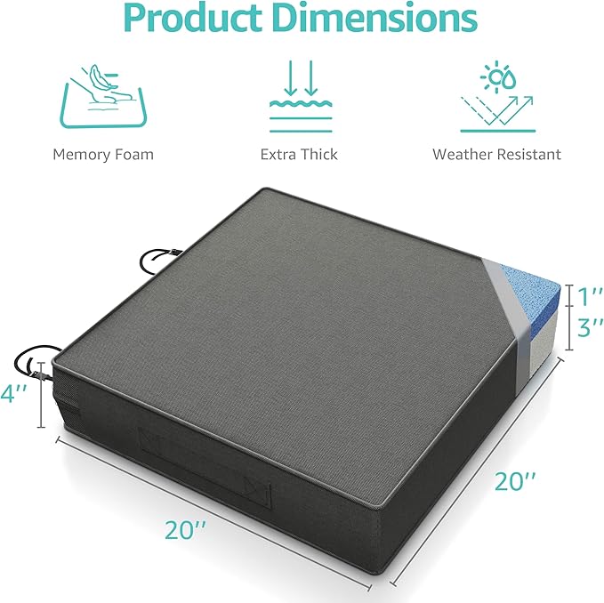 YENING Memory Foam Outdoor Chair Cushions Waterproof 4 Inch Extra Thick Patio Seat Pads for Furniture 20x20 Grey Set of 2