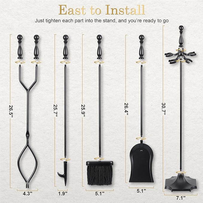F2C 5 Pieces Fireplace Tools Sets Indoor Outdoor Wrought Iron Large Fire Place Set Tools, Fire Pit Tools，Includes Brush, Shovel, Tongs, Poker, Grabber