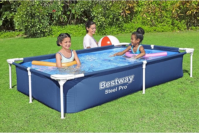 Bestway Steel Pro 87 Inch x 59 Inch x 17 Inch Rectangular Metal Frame Above Ground Outdoor Backyard Swimming Pool, Blue (Pool Only)