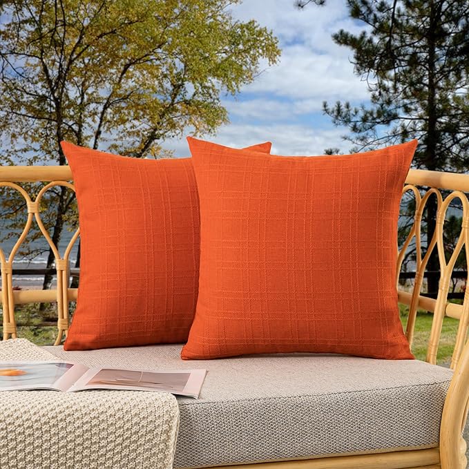 Kevin Textile Fall Outdoor Waterproof Throw Pillow Covers Decorative Farmhouse Water Resistant Checkered Cushion Covers for Tent Patio Garden Couch Sofa Pack of 2 (24x24 Inch Orange)