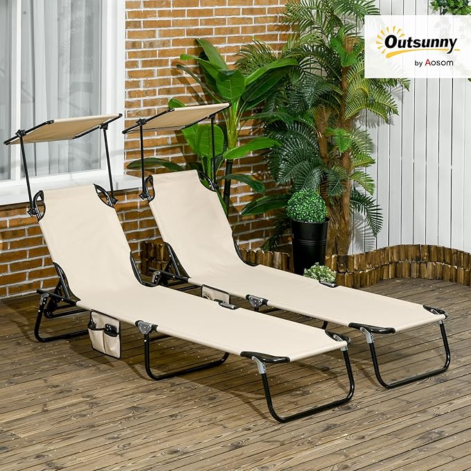 Outsunny Folding Chaise Lounge Pool Lounge Chairs Set of 2, Outdoor Sun Tanning Chairs with Canopy Shade, Reclining Back, Steel Frame and Side Pocket for Beach, Yard, Patio, Tan