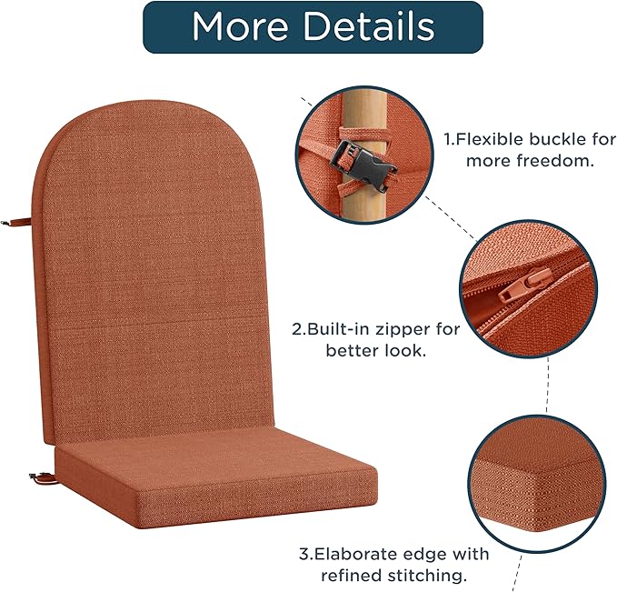 Codi Adirondack Chair Cushion – Outdoor Rocking Seat Cushions for Patio & Porch, Fade Resistant Waterproof Fabric with Ties, Spice
