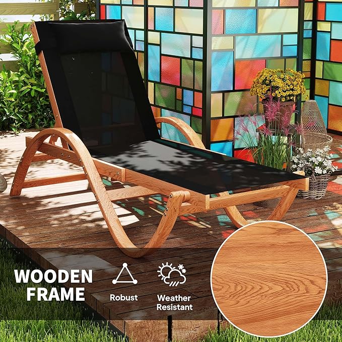Outsunny Larch Wood Lounge Chair, 4-Level Adjustable Tanning Chair, Full Flat Patio Lounger with Mesh Seat, Outdoor Sun Chaise for Patio Beach, Black