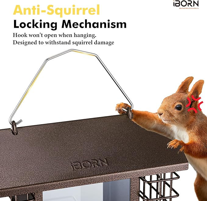 iBorn Bird Feeders for Outdoors,Bird Feeder with Double Suet Holders,Suet Feeder for Outside,Weatherproof Metal Roof,Easy to Refill&Clean,3.2 LBs Seed Capacity+2X Cake,1 Pack,Coffee Roof & Coffee Grid