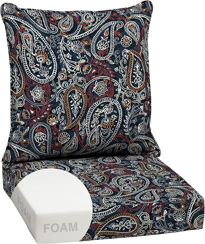 Arden Outdoor Foam Deep Seat Cushion Set, 24 in x 24 in, Weather-Proof, Rain-Proof, Fade Resistant Patio Cushion, Bottom and Back Cushion for Chair, Sofa, and Couch Navy Palmira Paisley