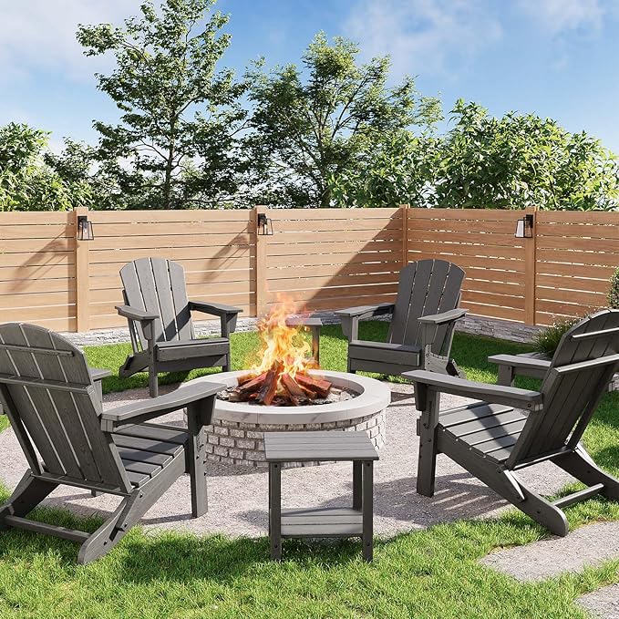 GarveeLife Folding Adirondack Chairs Set of 4 with 2 Side Table, HDPE Plastic Outdoor Chairs with Wood Texture - 380 LBS & Weather Resistant for Fire Pit, Deck, Patio, Pool, Backyard - Gray