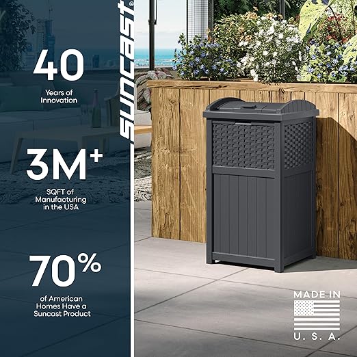 Suncast 33 Gallon Wicker-Style Hideaway Trash Can with Secure Latching Lid and Weather-Resistant Construction for Patio, Cyberspace Grey, Made in the USA