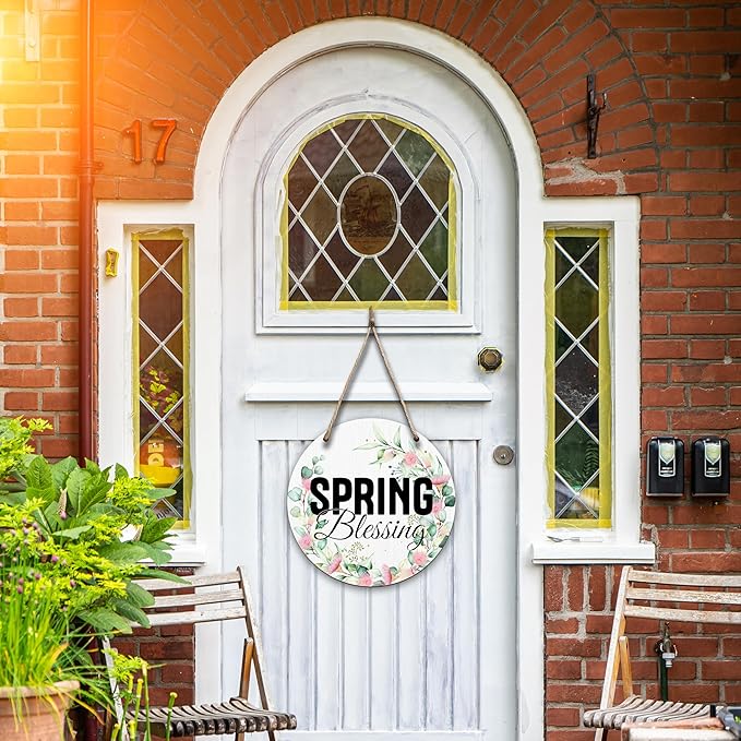 Spring Hanging Decor For Front Door, Spring Blessing Round Sign Decor For Farmhouse Home Yard Porch, Hello Spring Decorations, Christian Spring Wall Plaque Gifts For Friends Family -06