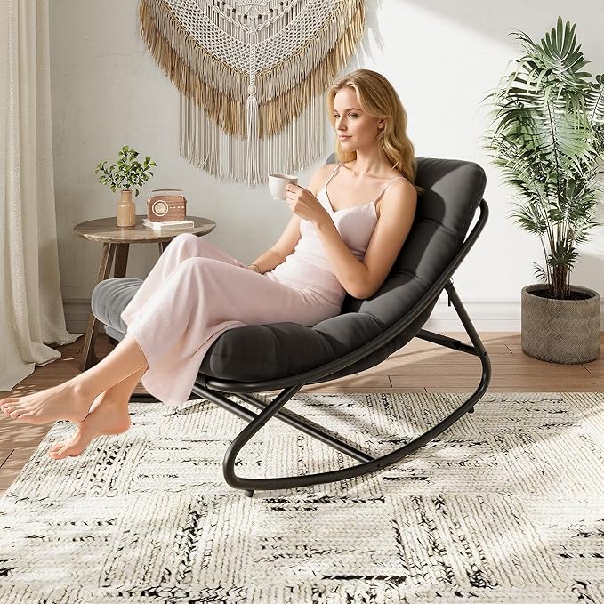 PeakPursuit Indoor Outdoor Papasan Rocking Chair with Cushion, Oversized Outdoor Rocking Chair, All Weather Rocking Papasan Chair for Bedroom/Living Room/Porch/Garden/Patio