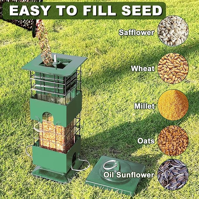 Bird Feeder Squirrel Proof for Outdoors Hanging, 3Lbs Metal Heavy Duty Birds Feeder with 4 Feeding Ports, Birdseed Feeder for Cardinal, Finch, Sparrow, Wild Birds (Green)