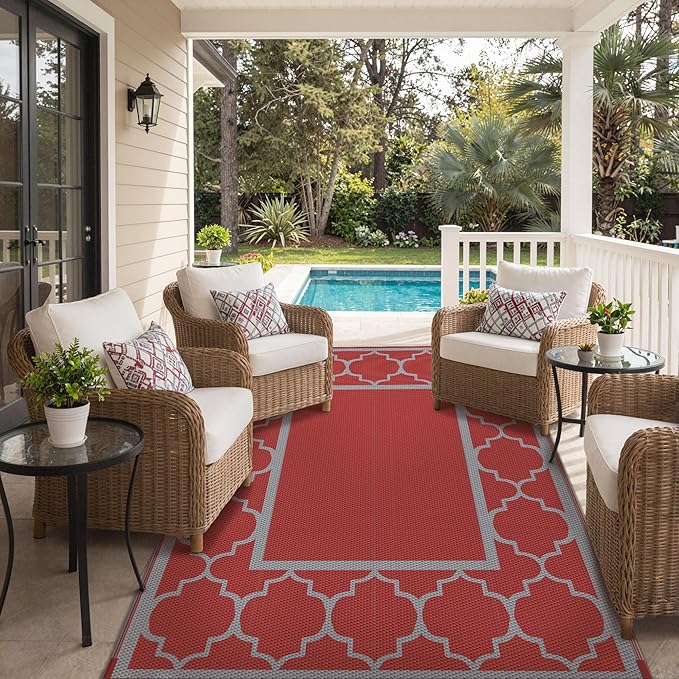 GENIMO 6' x 9' Outdoor Rug Waterproof for Patio Christmas Decor, Foldable Reversible Plastic Straw Area Rugs Mat for Camper, Outside Carpet for Rv, Deck, Porch, Picnic, Beach, Balcony, Red & Grey