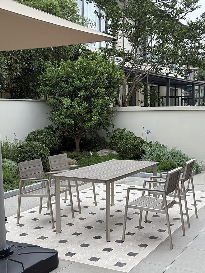 Outdoor Dining Set for 6, Patio Table and Chairs Set with Umbrella Hole, 7 Pieces HDPS + Aluminum Outdoor Furniture Sets for Patio, Garden (Sliver)