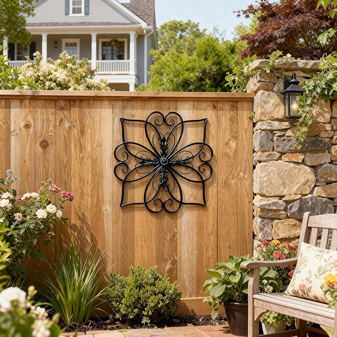 Glitzhome Black Metal Wall Art Decor, 20 Inch Iron Wall Decor with Heart and Petal Scroll Design, Indoor Outdoor Wall Accent for Garden Porch Patio