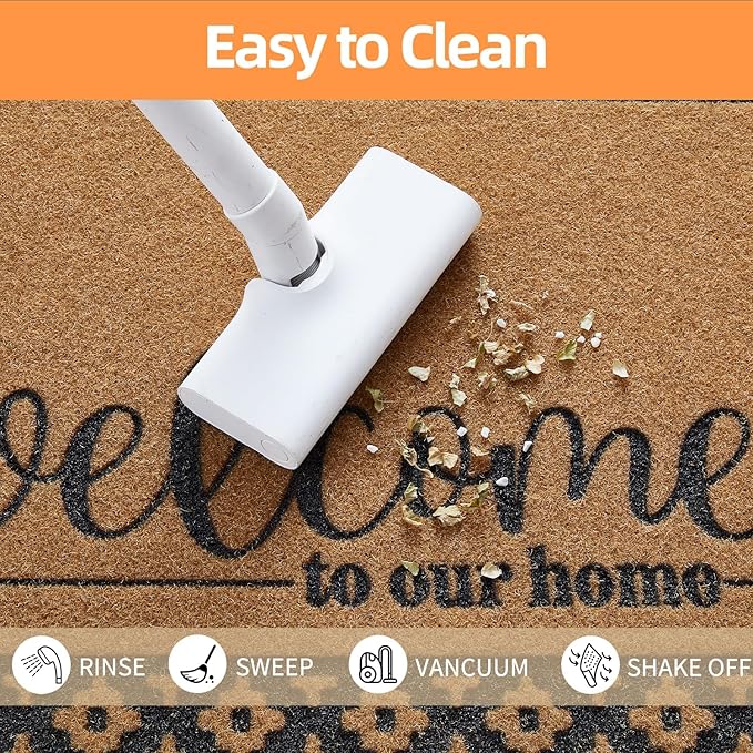 Welcome Mat Front Door Mat Indoor Outside Entrance, Heavy Duty Dirt Trapper Coir Doormat with Non Slip Backing Entryway Rug for Front Back Door, 17x30, Brown
