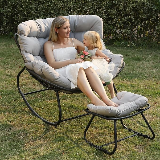 Wisteria Lane Patio Rocking Chair with Ottoman, Outdoor Indoor Rocking Egg Chair with Cushions, Metal Lounge Chair Oversized Papasan Chair, Outdoor Wicker Reading Chair for Porch Garden, Light Grey