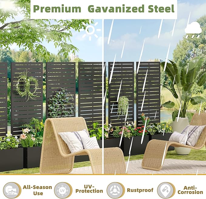Casaphoria Metal Raised Garden Bed, 47"x24"x12" Planter Box for Climbing Plants, Vegetables & Vines, Features Drainage Holes and Privacy Screen (Black-Louvered)