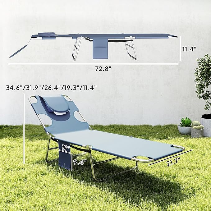 Outsunny Folding Beach Lounge Chair with Face Hole and Arm Slots, 5-Level Adjustable Sun Lounger Tanning Chair with Pillow for Patio, Garden, Beach, Pool, Gray