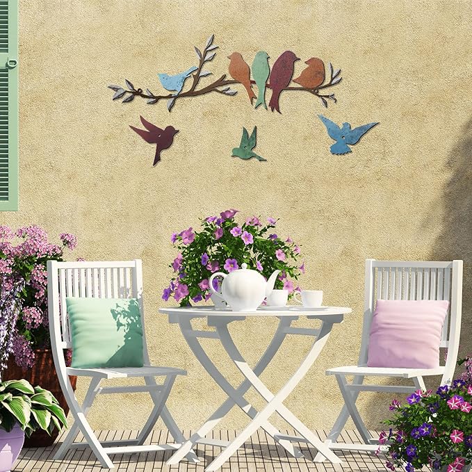 Ferraycle Metal Bird Wall Art Birds on the Branch Decor Metal Sculpture Silhouette Ornament Branch Wall Hanging Sign for Balcony Garden Home Decor(Cute Colors)