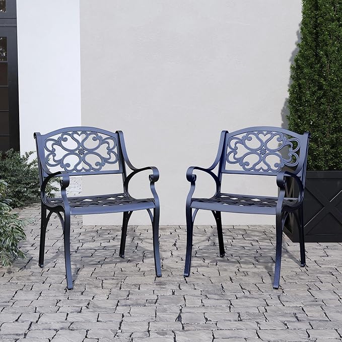 Homestyles Sanibel Black Stationary Cast Aluminum Outdoor Dining Chair, 2 Piece Patio Chairs, Set of 2 Garden Chairs with Armrest & Backrest for Garden Patio Pool Beach Yard, Black