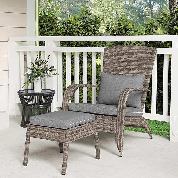 Outsunny Patio Wicker Adirondack Chair with Ottoman, Outdoor Fire Pit Chair with Cushions, High-Back, Large Seat & Armrests for Deck, Garden & Backyard, Gray