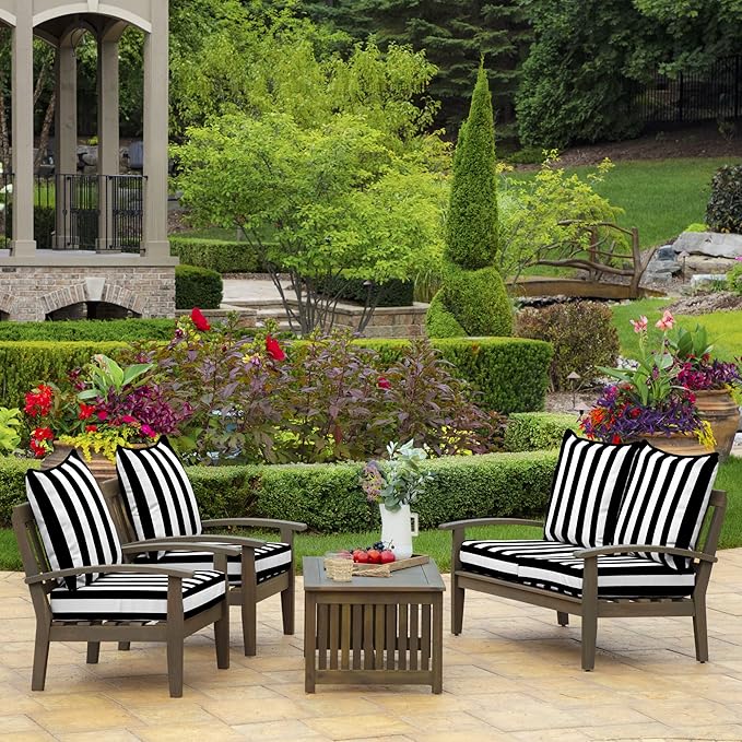 Arden 24x24 Outdoor Foam Deep Seat Cushion Set – Fade-Resistant, Weather-Resistant Outdoor Patio Replacement Cushions Black Cabana Stripe