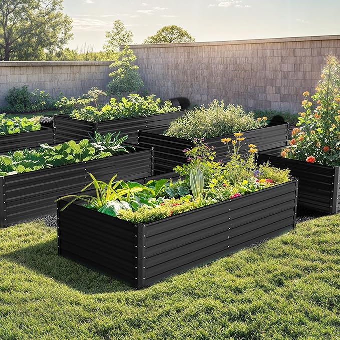 DWVO 8 x 4 x 2 FT Raised Garden Bed Kit, Outdoor Galvanized Flower Bed with Safety Rubber and Gloves, Large Metal Planter Box for Vegetables, Flowers, Herbs, Fruits, Black
