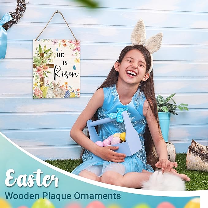Easter Welcome Sign for Front Door, He is Risen Easter Door Sign Decor, Spring Cross Rectangle Wood Sign Hanger for Outdoor Farmhouse Garden Porch Home - C02