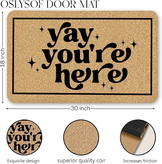Funny Coir Door Mat, Yay You're Here Doormat for Front Door Indoor Outdoor Porch Entrance Entryway, Funny Welcome Mat Outside, 17x30 Inches