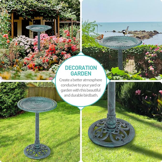 ZENY 28 Inch Height Polyresin Bird Bath Antique Outdoor Garden Decor Vintage Yard Art, Green
