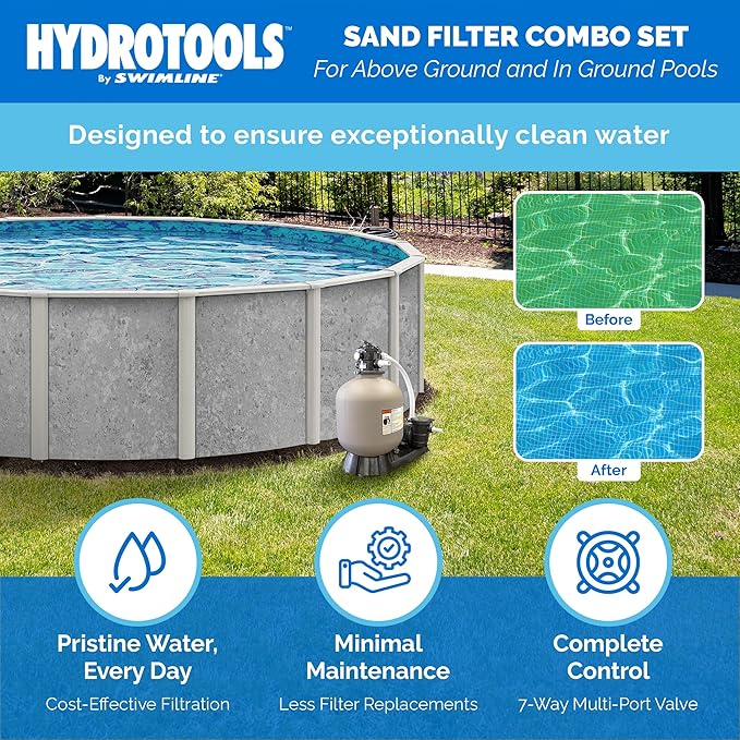 SWIMLINE HYDROTOOLS 24 Inch Sand Filter Combo Set With Stand & Multi Port Valve, 300 Pound Sand Capacity