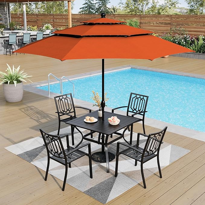 PHI VILLA Patio Dining Set 5 pcs with Umbrella(Orange Red),1 Square Metal Table& 4 Metal Outdoor Stackable Chairs and 1 10ft 3 Tier Auto-tilt Umbrella (Base Not Included)
