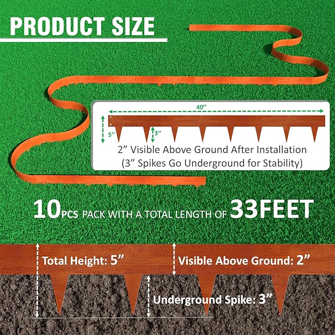 33ft. Cor-Ten Steel Landscape Edging (10-Pack) – 40" Metal Edging for Landscaping with 11 Stakes, Hammer-in Metal Landscaping Edging for Yard Pathway & Flower Beds – Lawn Edge for Garden Design