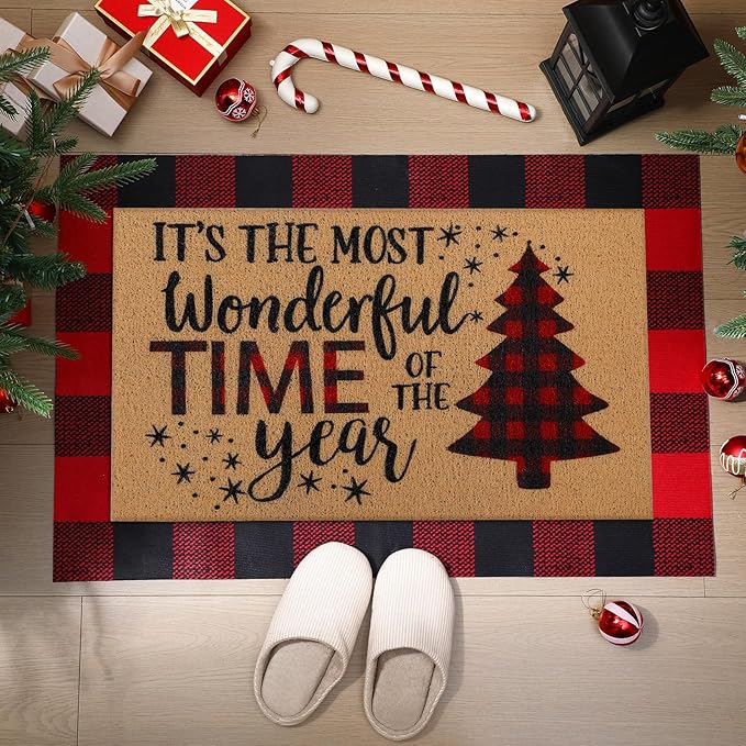 Tinideya 2 Pcs Christmas Tree Door Mat Welcome Non Slip Coir Mats Merry Xmas Black Red Buffalo Plaid Floor Layering Doormats Seasonal for Front Porch Entryway Decor(Christmas Tree)