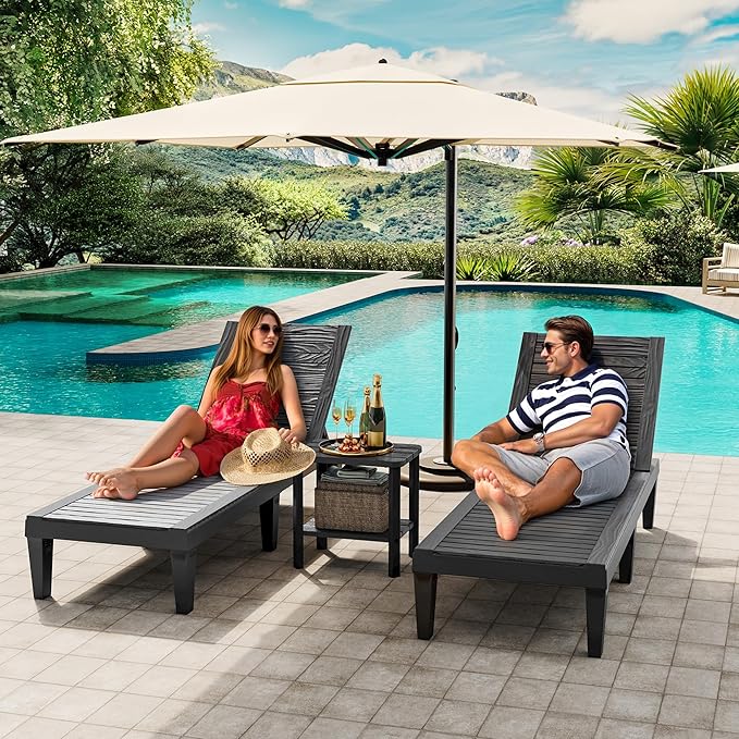 NUNU LAB Outdoor Chaise Lounge Chair Set of 3（2 of Chair and 1 of Side Table）,Waterproof Patio Lawn Chairs Lounge Outside,5-Positions Adjustable Pool Lounge Chair for Garden Beach Poolside,Black