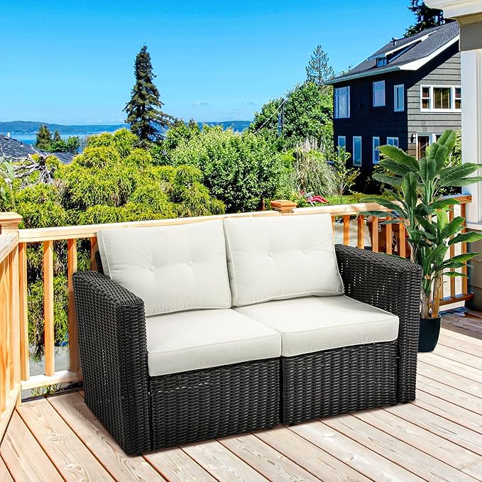 Outsunny 2 Piece Patio Wicker Corner Sofa Set, Outdoor PE Rattan Furniture, with Curved Armrests and Padded Cushions for Balcony, Garden, or Lawn, Beige