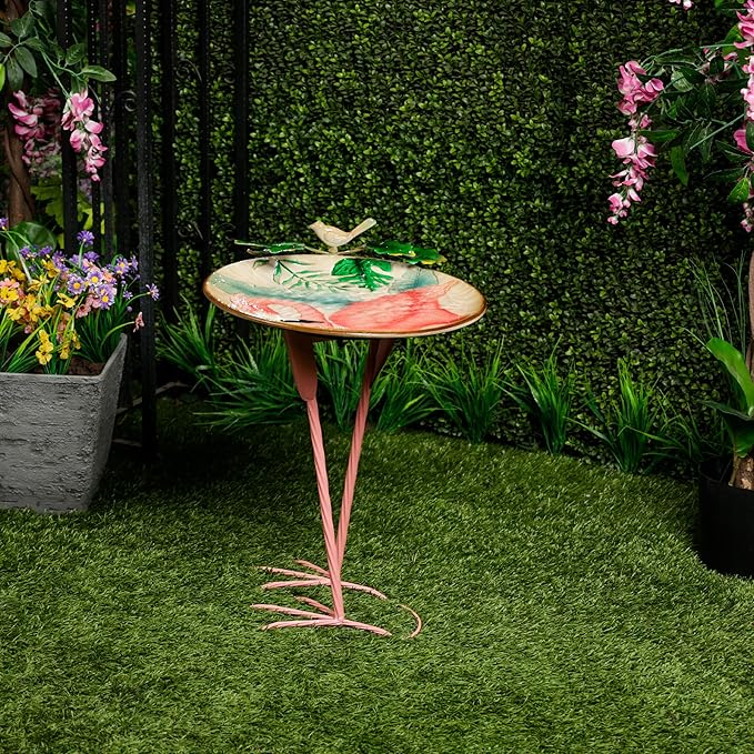 Alpine Corporation ORS876 Outdoor Metal Birdbath w/ Stylish Stand, Flamingo Pattern Birdbath Bowl and Stand, 23"H, Pink/Blue