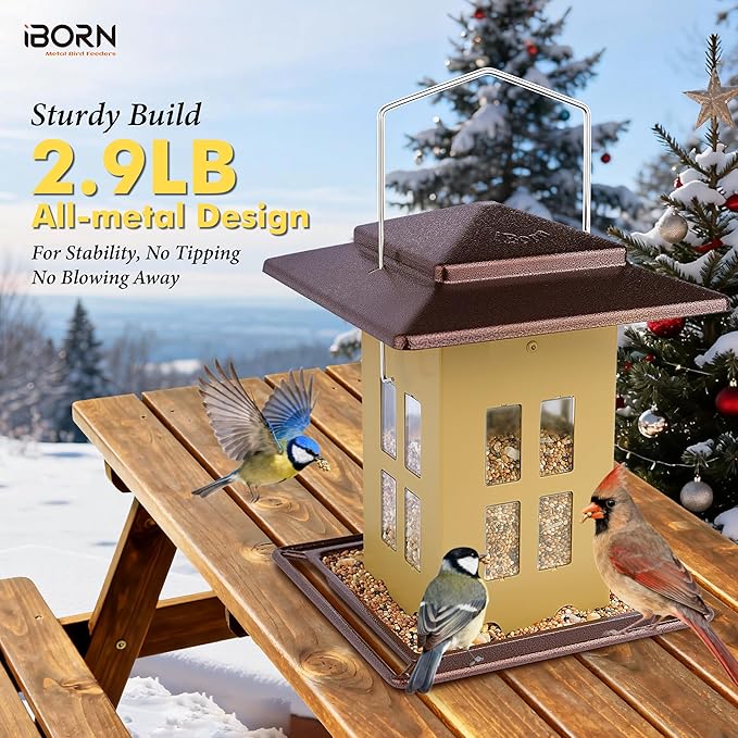 iBorn Bird Feeder for Outdoor Hanging,Metal Bird Feeder Hanging Outside for Cardinal, Double-Sided Hanger Wild Birdfeeder All Metal Constructions, Holds 2.6LB Seed, Muted Yellow,8 Ports