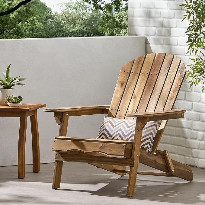 Merax Folding Adjustable Acacia Wood Adirondack Chairs, Water Proof Outdoor Wooden Fire Pit Lounge Reclining Chair for Yard, Garden, Patio, Natural Stained