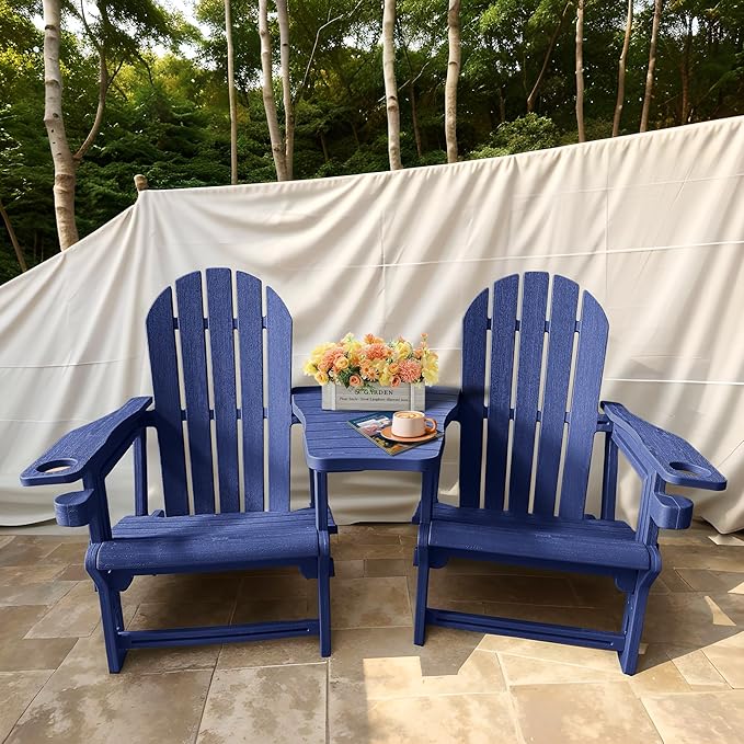 HDPE Adirondack Chairs for Outside, All-Weather Patio Chairs with Cup Holder, Outdoor Lawn Chair for Poolside/Fire Pit/Backyard/Deck, Blue Double Adirondack Chair with Table