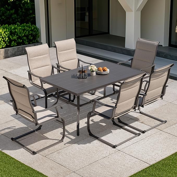 NUU GARDEN 7-Piece Outdoor Patio Dining Set - 6 Textilene Dining Chairs & 60.6" Table with Umbrella Hole, Weather-Resistant Furniture for Yard Porch Poolside Garden, Beige