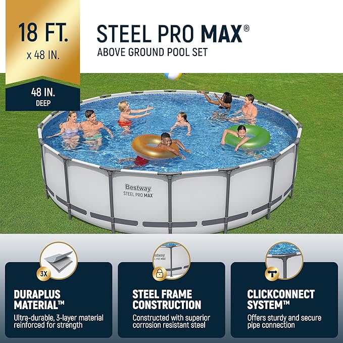 Bestway Steel Pro MAX 18' x 48" Above Ground Pool, Round Metal Frame Outdoor Swimming Pool Set with Filter Pump, Ladder, and Cover, Gray