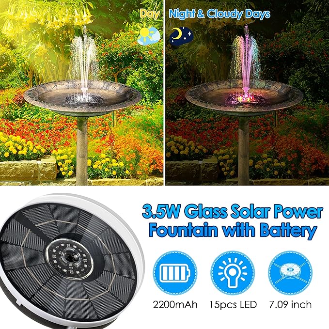 2 Pack Solar Power Bird Bath Fountain Pump with Remote, 3.5W LED Colorful Light and 2200mAh Battery Birdbath Solar Power, Floating Water Fountain Pump for Pond, Garden, Fish Tank