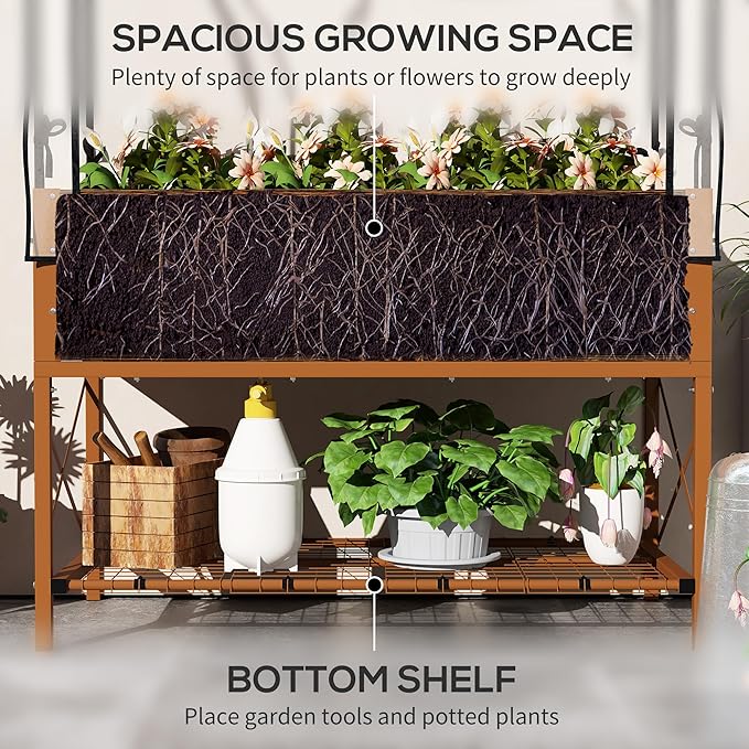 Outsunny Raised Garden Bed with Cover and Storage Shelf, Rectangular Metal Elevated Planter Box with Legs and Bed Liner for Vegetables, Flowers, Herbs, Dark Brown